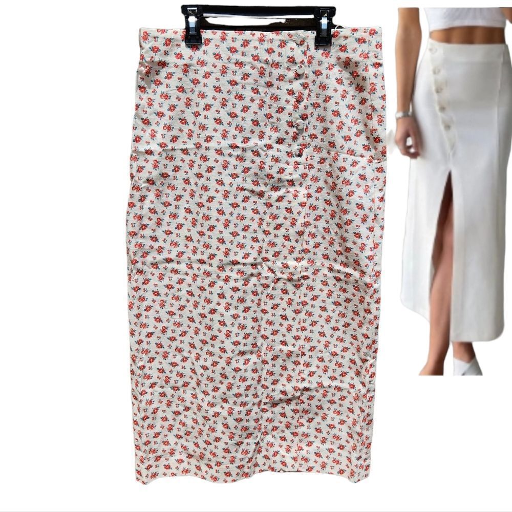 Zara Limited Edition Side Slit Buttoned Midi Skirt Linen Blend Floral Cream L